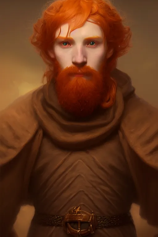 Image similar to a portrait of a ginger male wizard, illustration, soft lighting, soft details, dark mood, painting oil on canvas by Edmund Blair Leighton and Charlie Bowater octane render trending on artstation d&d characters, 4k, 8k, HD