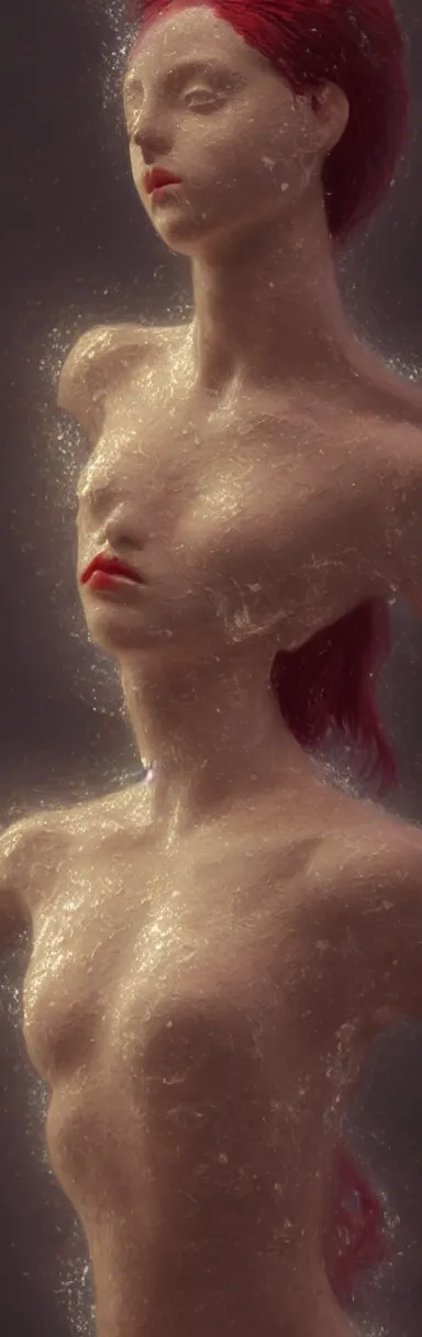 Prompt: abstract highly detailed female sculpture portrait made of white marble and red crystals quartz, ethereal lights, fine details, artstation, film still, rim light, cinematic photoshooting, luxury, 8 k, intricate golden filigree, octane render, hypperrealistic painting, abstract liquid acrylic art by renoir and monet