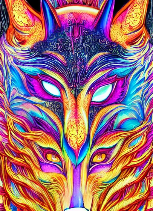 Image similar to detailed illustration of a kitsune mask, sacred feeling, bright colors, extremely detailed, digital art, studio lighting, psychedelic atmosphere