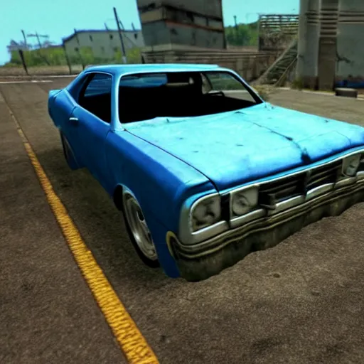 Prompt: A screenshot of a rusty, worn out, broken down, decrepit, run down, dingy, faded chipped paint, tattered, beater 1976 Denim Blue Dodge Aspen in Gran Turismo for the PS1, low poly Original Playstation style