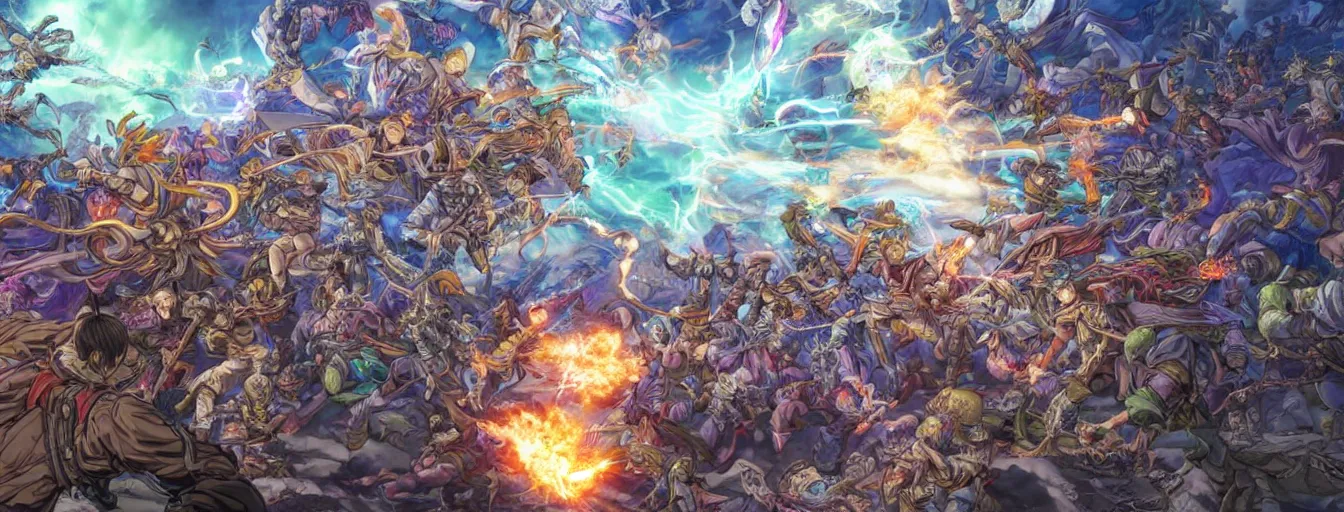 Prompt: zoomed out view of spirit souls fighting on a battlefield to the death beams. hyperrealistic anime background illustration by kim jung gi, colorful, extremely detailed intricate linework, smooth, super sharp focus, bright colors, high contrast, matte, octopath traveler, unreal engine 5 highly rendered, global illumination, radiant light