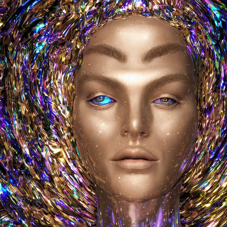 Prompt: octane render portrait by wayne barlow and carlo crivelli and glenn fabry, a giant beautiful woman wrapped in shinyy smooth reflective colorful iridescent metal, inside a giant massive dramatic cavernous art gallery, cinema 4 d, ray traced lighting, very short depth of field, bokeh