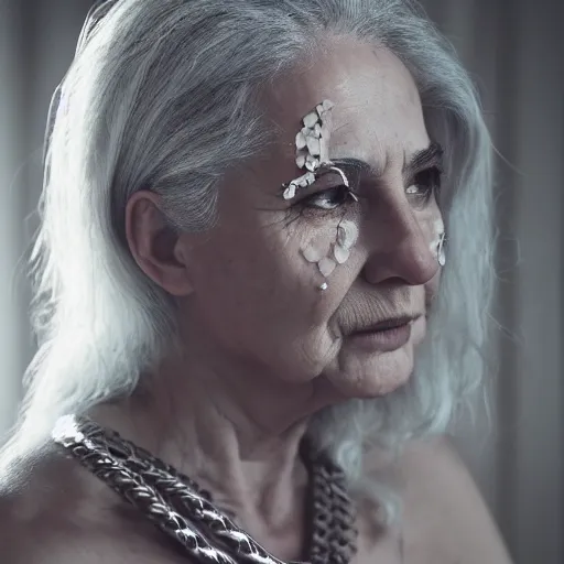 Prompt: portrait of a woman, sliver chains on face, white hair, natural, light makeup, cinematic, cinematic, focus