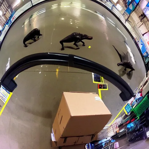 Prompt: Fisheye view of dinosaur stealing packages