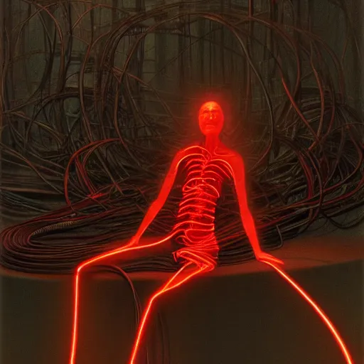 Image similar to photo of a woman wrapped around by tubes and cables, glowing red, by Edgar Maxence and Ross Tran, Zdzisław Beksiński, and Michael Whelan, distant, gustav dore, H.R. Giger, 8k, octane render