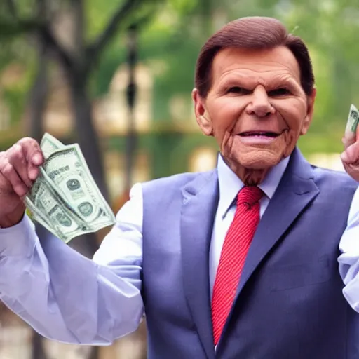 Image similar to kenneth copeland holding dollar bills, performing in front of big church