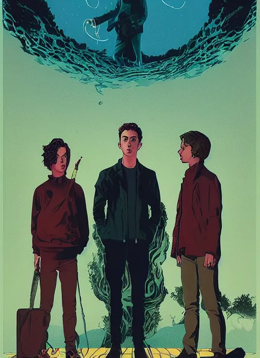 Prompt: poster artwork by Michael Whelan and Tomer Hanuka, Karol Bak of Ryan Gosling and Timothee Chalamet are the Hardy boys, from scene from Twin Peaks, clean