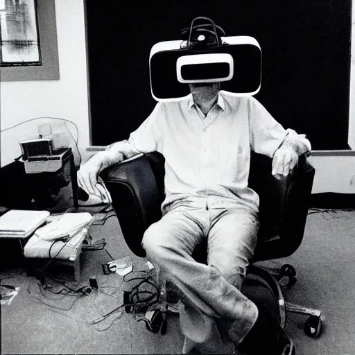 Image similar to Timothy Leary sitting Down with a VR headset on, 1994, Polaroid