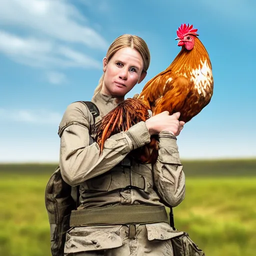 Prompt: A realistic image of a very sas woman holding a rooster in her hands, ultra high detail, 8k.