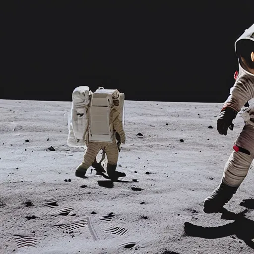 Prompt: human taking a dog for a walk on the moon