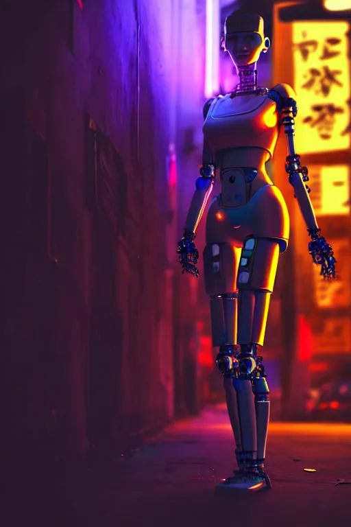 Prompt: a photo close up cyberpunk half robot half girl stands in a cyberpunk cambodian street, at night, photorealistic, cinematic lighting, very detailed, style by tomino - sama