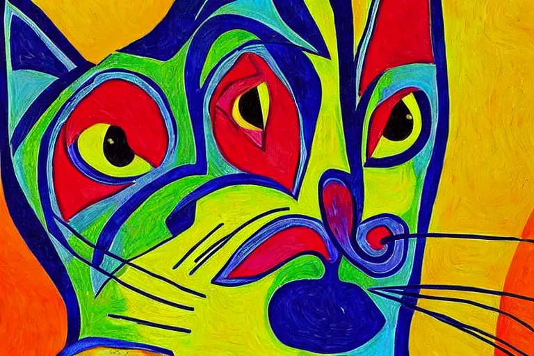 Prompt: beautiful art illustration of cat by laurel burch and van gogh, oil painting, highly detailed