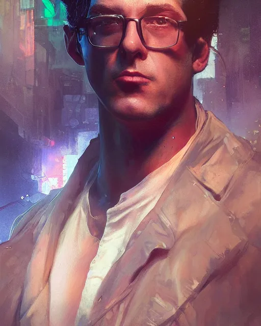 Prompt: egon spengler, hyperrealistic portrait, bladerunner street, art of elysium by jeremy mann and alphonse mucha, fantasy art, photo realistic, dynamic lighting, artstation, poster, volumetric lighting, very detailed face, 4 k, award winning