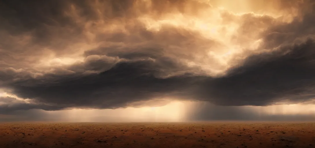 Image similar to a beautiful picture of a dark turbulent cloud looming on the horizon in a desert with god rays breaking through the cloud, intricate detail, impending doom, sunset, serene, haze, volumetric lighting, volumetric clouds, 8 k, hyperrealistic, digital art trending on artstation