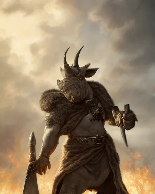 Image similar to oil painting of Anthropomorphized Rhino, wearing fur cloak, sharp focus, holding gigantic Axe, warrior clothes, heroic pose, dramatic artwork, fantasy style, octane render, volumetric lighting, 8k high definition, by greg rutkowski, highly detailed, trending on art Station, magic the gathering artwork, burning Battlefield backround, centered