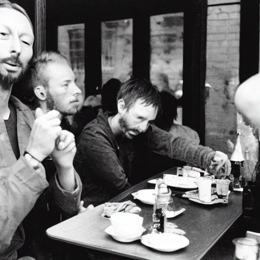 Prompt: 3 5 mm photograph of thom yorke having lunch with a literal radiohead