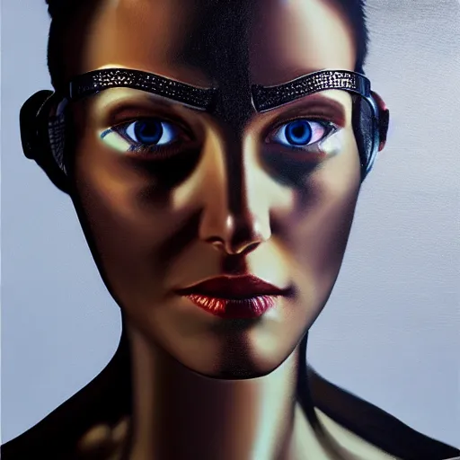 Prompt: hyperrealism oil painting portrait of robot cyborg fashion model with glowing eyes