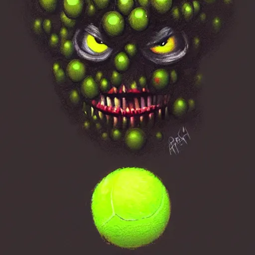 Prompt: a tennis ball monster ,tennis ball, dark, chalky, digital art, fantasy, magic, trending on artstation, ultra detailed, professional illustration by Basil Gogos