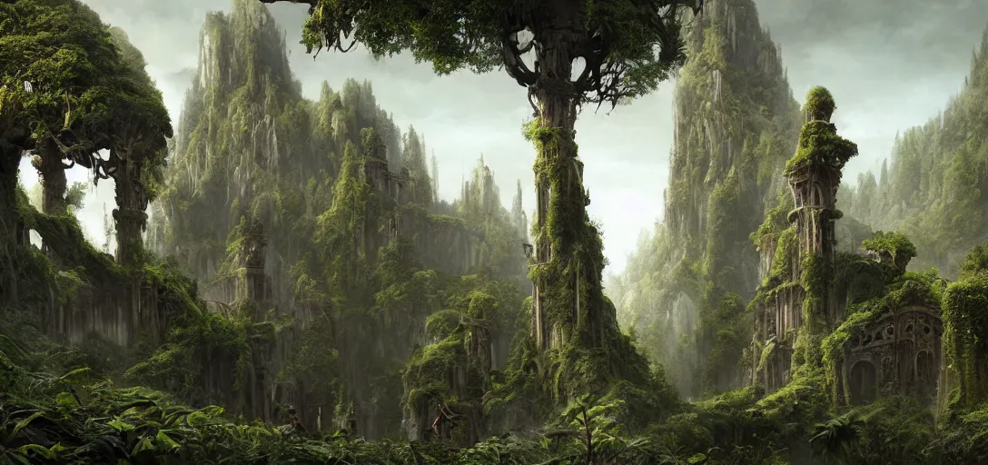 Image similar to gigantic palace-castle adorned pillars, towers, gnarly trees, lush vegetation, forrest, landscape, raphael lacoste, eddie mendoza, alex ross, concept art, matte painting, highly detailed, rule of thirds, dynamic lighting, cinematic, detailed, denoised, centerd