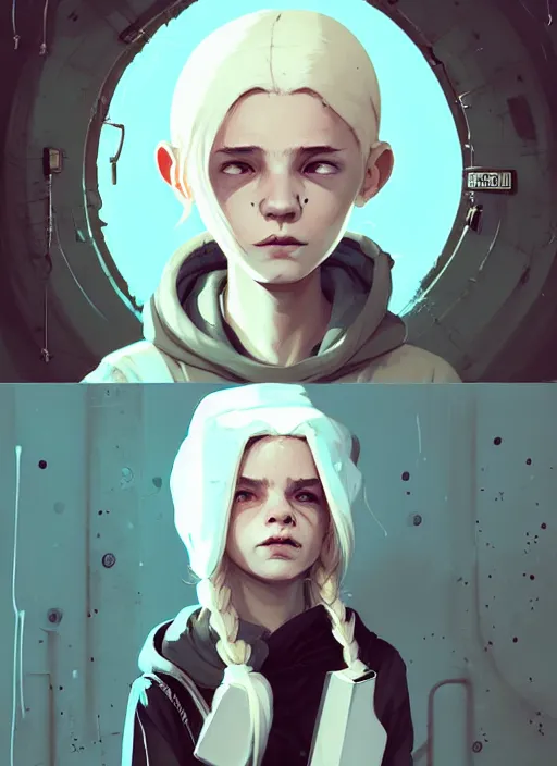 Image similar to highly detailed portrait of a sewer punk swedish young lady, hoodie, white hair by atey ghailan, by greg rutkowski, by greg tocchini, by james gilleard, by joe fenton, by kaethe butcher, gradient light blue, blonde, brown, cream and white color scheme, grunge aesthetic!!! ( ( graffiti tag wall background ) )