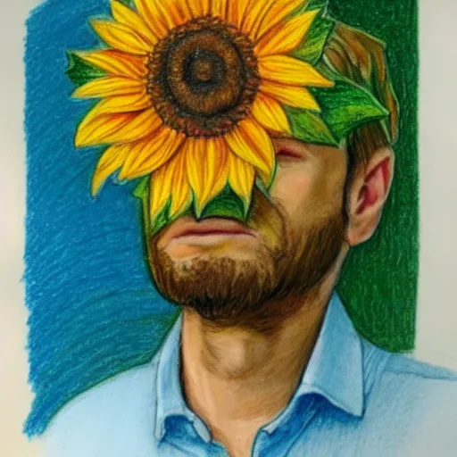 Image similar to long shot portrait, man with a sunflower instead of a head wearing a business suit, color pencil sketch