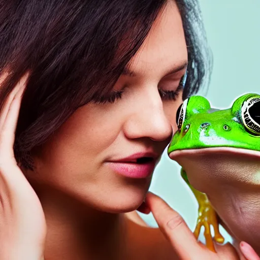 Image similar to A photo of a woman eating a frog, ultra high detail, 8k.