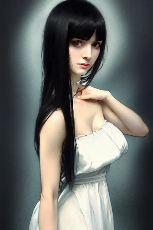 Image similar to a beautiful girl with long black hair and bangs, wearing a white dress, D&D, fantasy, portrait, sharp focus, intricate, elegant, digital painting, artstation, matte, highly detailed, concept art, illustration, ambient lighting, art by ilya kuvshinov, artgerm, Alphonse mucha, and Greg Rutkowski