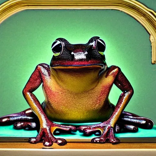 Prompt: a small frog standing on two feet at the hotel reception entry, black velvet, edgar leeteg