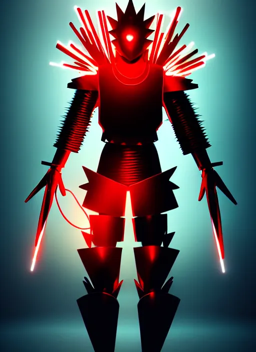 Image similar to a striking cinematic full body manga portrait of a black haired teenager wearing imposing red jagged spiked plate armour and glowing with red energy by hirohiko araki and beeple, fine details, digital art, character concept art, volumetric lighting, cinematic light, photorealistic