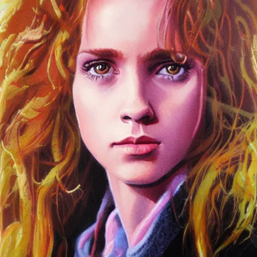 Image similar to detailed details photorealistic pictures of hermione with bachelor jacket in the style of bob peak and alex ross, gouache and wash paints color, detailed details facial and body and human and environments and proportionate, detailed 5 k details.