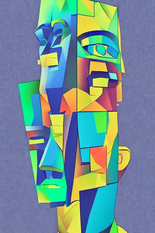 Image similar to cubist moai statue cutout digital illustration cartoon colorful beeple