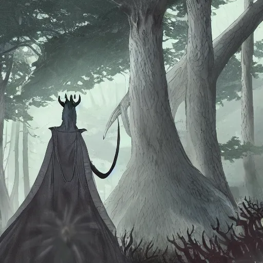 Image similar to concept art painting of an anthropomorphic dragon king with black robes, a long neck, and skull mask, in a deep forest, cel shaded, in the style of makoto shinkai and james gurney and studio ghibli and moebius