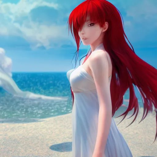Prompt: octane render panoramic shot of a beautiful anime girl in a long white dress on a beach. Red hair, dramatic lighting, trending on artstation. Pixiv, Hyperdetailed, Ultra HD, WLOP, Rossdraws, James Jean Marc Simonetti, Ruan Jia and Mandy Jurgens and Artgerm and William-Adolphe Bouguerea, Sakimichan, Yuru camp, Illustration, digital art, concept art, manga cover