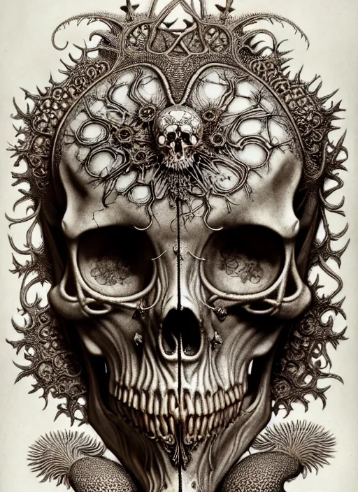 Image similar to art forms of nature by ernst haeckel, memento mori by arthur rackham, ornate antique porcelain beautiful skull mask, ultrasharp, photorealistic, hyperdetailed, octane render, polished, art nouveau, neo - gothic, gothic, intricate ornamental organic filigree, art nouveau botanicals, art forms of nature by ernst haeckel, horizontal symmetry, symbolist, visionary