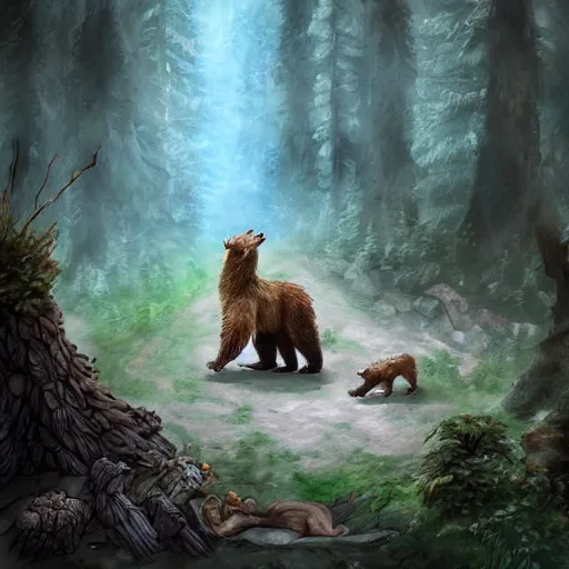 Image similar to elven druid summoning bears in the forest, diablo 2 inspired, trending on artstation, ultra fine detailed, hyper detailed, hd, concept art, digital painting