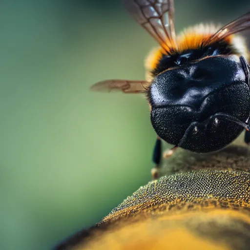 Image similar to macro photography of a bee landing on a high detailed dog's nose. pollen on the nose. bokeh. contest winning photography. 8 k. hyper - realistic