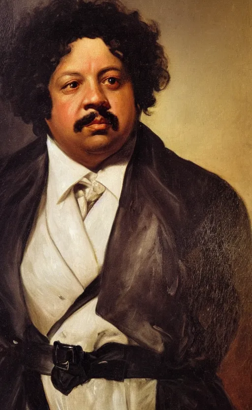 Image similar to Portrait of Alexandre Dumas, oil on canvas, highly detailed, by Delacroix, 8k