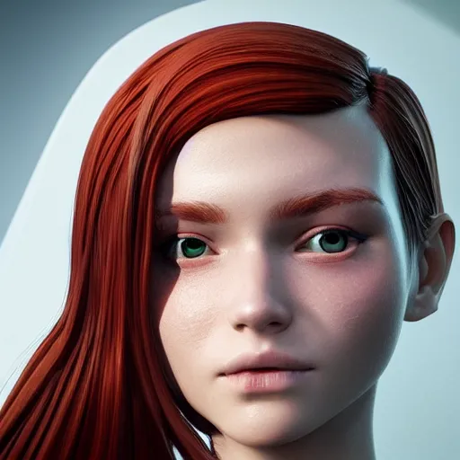 Image similar to beautiful girl her name was helga. she had red hair and green eyes and wanted to become a journalist when she grew up, beautiful portrait, symmetrical, character concept style trending on artstation concept art detailed octane render cinematic photo - realistic 8 k high detailed