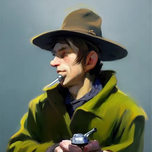 Image similar to greg manchess portrait painting of snufkin smoking a pipe, medium shot, asymmetrical, profile picture, organic painting, rainy day, matte painting, bold shapes, hard edges, street art, trending on artstation, by huang guangjian and gil elvgren and sachin teng