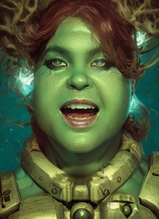 Image similar to underwater portrait of shehulk as a space marine, hyper detailed, digital art, cinematic lighting, studio quality, smooth render, unreal engine 5, octane rendered, art style by klimt and nixeu and ian sprigger and wlop and krenz cushart.