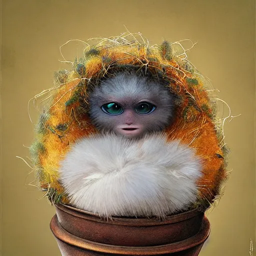 Image similar to long shot of a very fluffy furry alien chick nesting in a floral cup, esao andrews, by m. w. kaluta, humorous illustration, hyperrealistic, tilt shift, warm colors, night scenery, low light, 3 d octane render, 4 k, volumetric lights, smooth, cosy atmosphere, conceptart, hyperdetailed, trending on deviantart