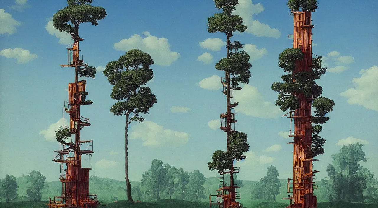 Image similar to single flooded simple wooden tree tower!, very coherent and colorful high contrast!! masterpiece by rene magritte simon stalenhag carl spitzweg syd mead norman rockwell edward hopper james gilleard, minimalist, dark shadows, sunny day, hard lighting
