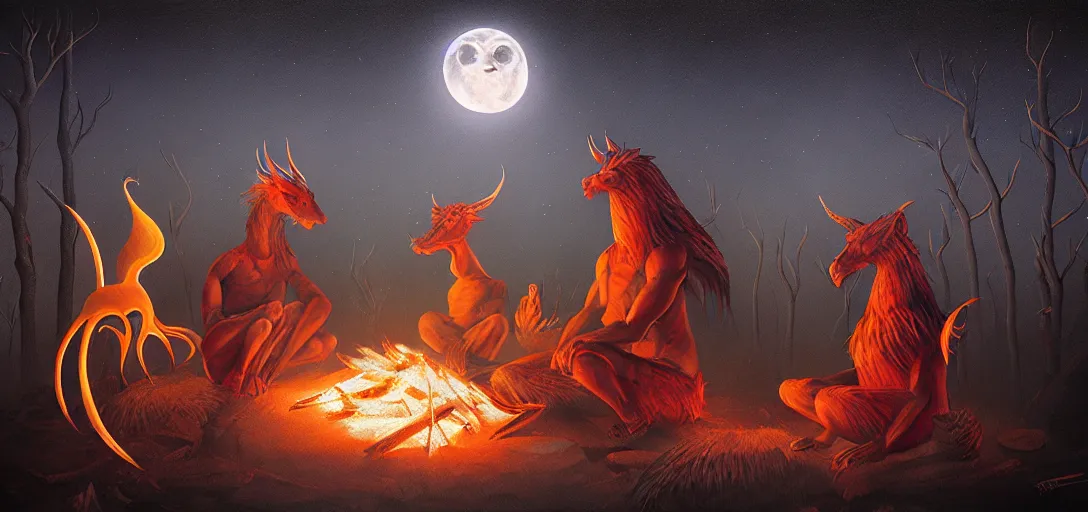 Image similar to strange mythical beasts of sitting around a fire under a full moon, surreal dark uncanny painting by ronny khalil