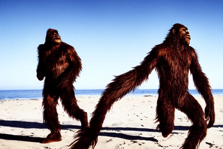Prompt: cinematography portrait of Bigfoot on the beach in Santa Monica by Emmanuel Lubezki