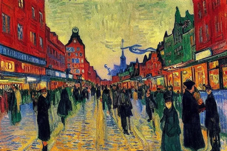 Image similar to dream festival in a city, low angle view from a city street lined with shops and apartments, glowing street signs, revelers playing games and shopping at a night market, oil painting by edvard munch, van gogh