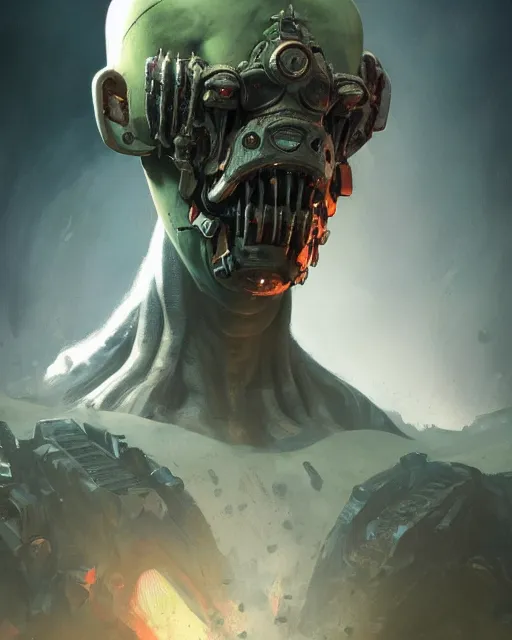 Image similar to hyper realistic portrait of warhammer android head, cinematic, chaos marine, nurgle, artstation, cgsociety, full head and shoulders, greg rutkowski, james gurney, mignola, craig mullins, brom