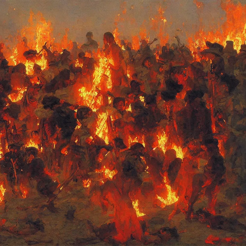 Image similar to high quality high detail painting by ilya repin, burning man, fire, flames, epic, hd