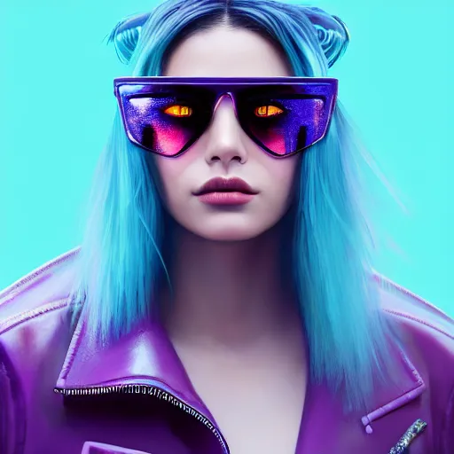 Image similar to closeup painting of a very beautiful young mexican cyberpunk woman with a smirk, wearing light blue venetian blind shades and a purple coloured leather jacket, one side haircut, long brown hair with light blue ends, portrait, hyperdetailed, artstation, cgsociety, 8 k, synthwave image