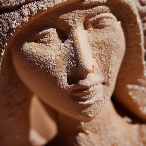 Image similar to detailed sculpture covered in salt shaped like a 30 year old woman in ancient Canaanite clothing, desert drought background. 40mm lens, shallow depth of field, split lighting