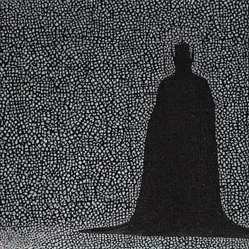Image similar to The art installation shows a the large, black-clad figure of the king looming over a small, defenseless figure huddled at his feet. The king's face is hidden in shadow, but his menacing stance and the large, sharp claws on his hands make it clear that he is a dangerous and powerful creature. pointillism by Emma Geary, by Yves Tanguay subtle, fine